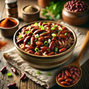 A hearty bowl of dirty red beans and rice on a rustic wooden table, garnished with chopped green onions and fresh parsley. A wooden spoon rests nearby, with raw red beans, rice grains, and spice jars scattered around for a cozy, home-cooked feel. Soft natural lighting highlights the dish’s rich textures and smoky flavors.