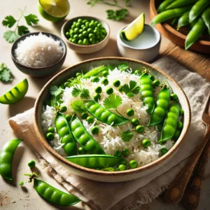 A bowl of Coconut Rice with Sugar Snap Peas, garnished with cilantro and toasted coconut flakes, served with lime wedges on a rustic wooden table with a small bowl of coconut milk nearby.
