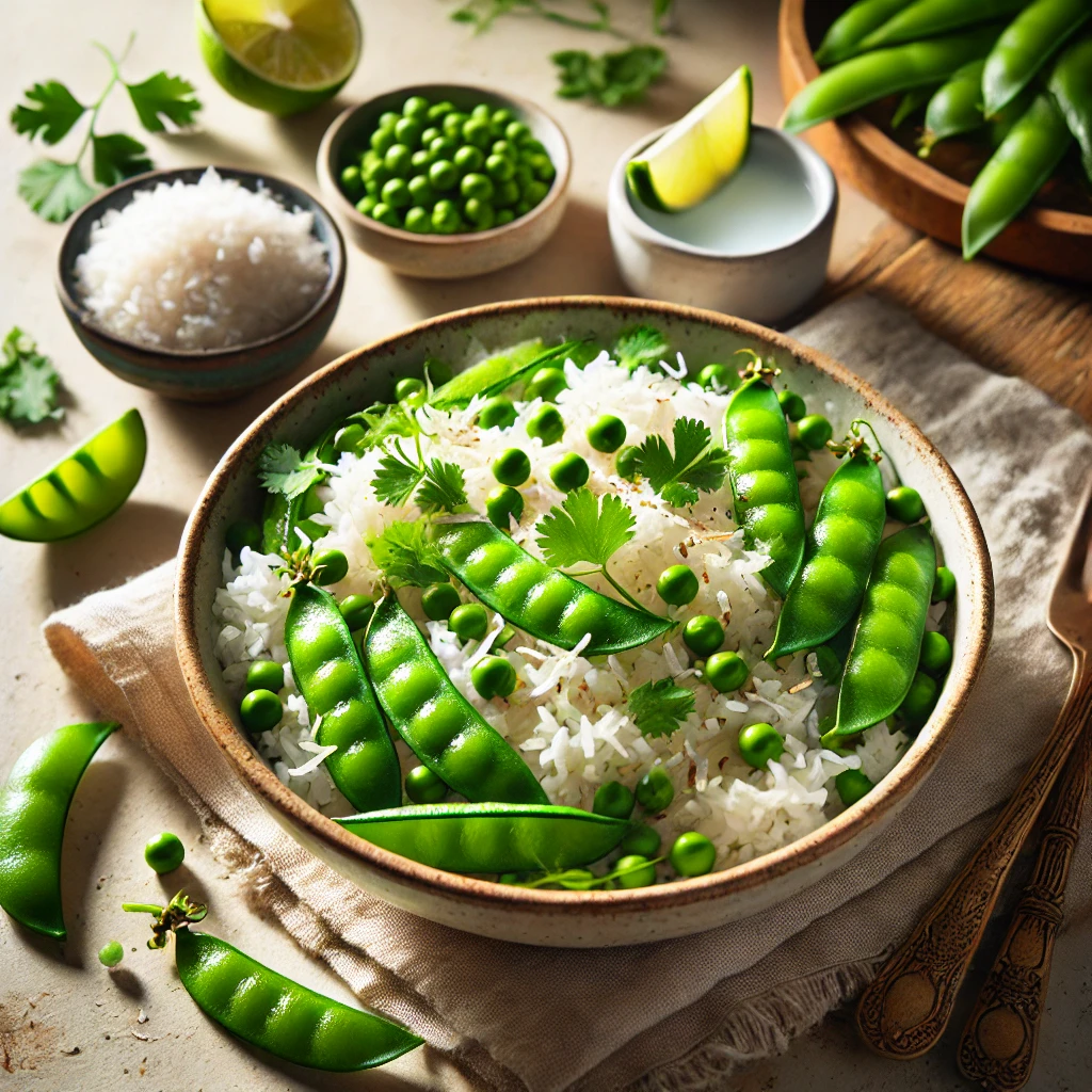 A bowl of Coconut Rice with Sugar Snap Peas, garnished with cilantro and toasted coconut flakes, served with lime wedges on a rustic wooden table with a small bowl of coconut milk nearby.