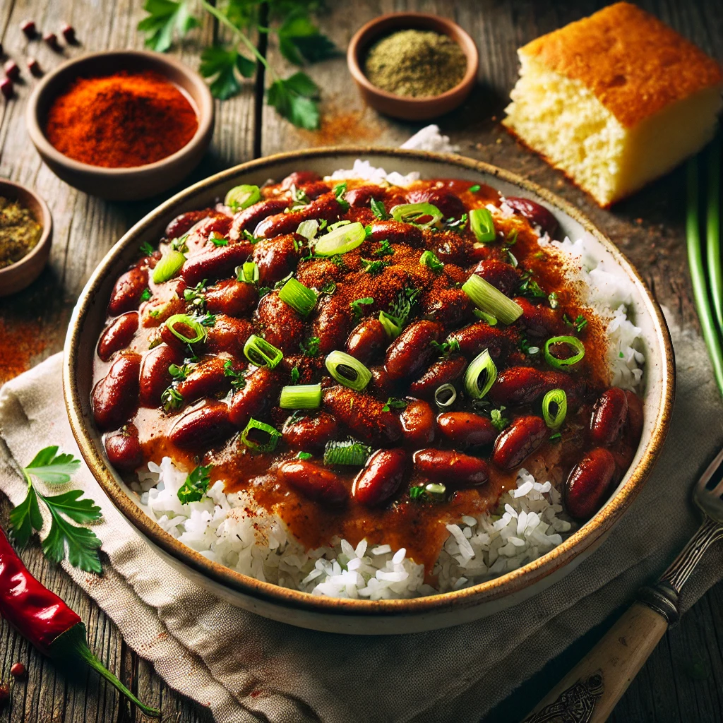 A bowl of Dirty Red Beans and Rice with smoky and spiced red beans served over white rice, garnished with green onions, parsley, and paprika, accompanied by cornbread and hot sauce on a rustic wooden table.
