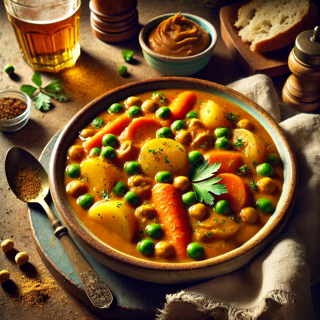 A bowl of Disco Stew with potatoes, carrots, and peas in a rich peanut butter and coconut milk sauce, garnished with parsley, served on a rustic wooden table with bread and beer in the background.