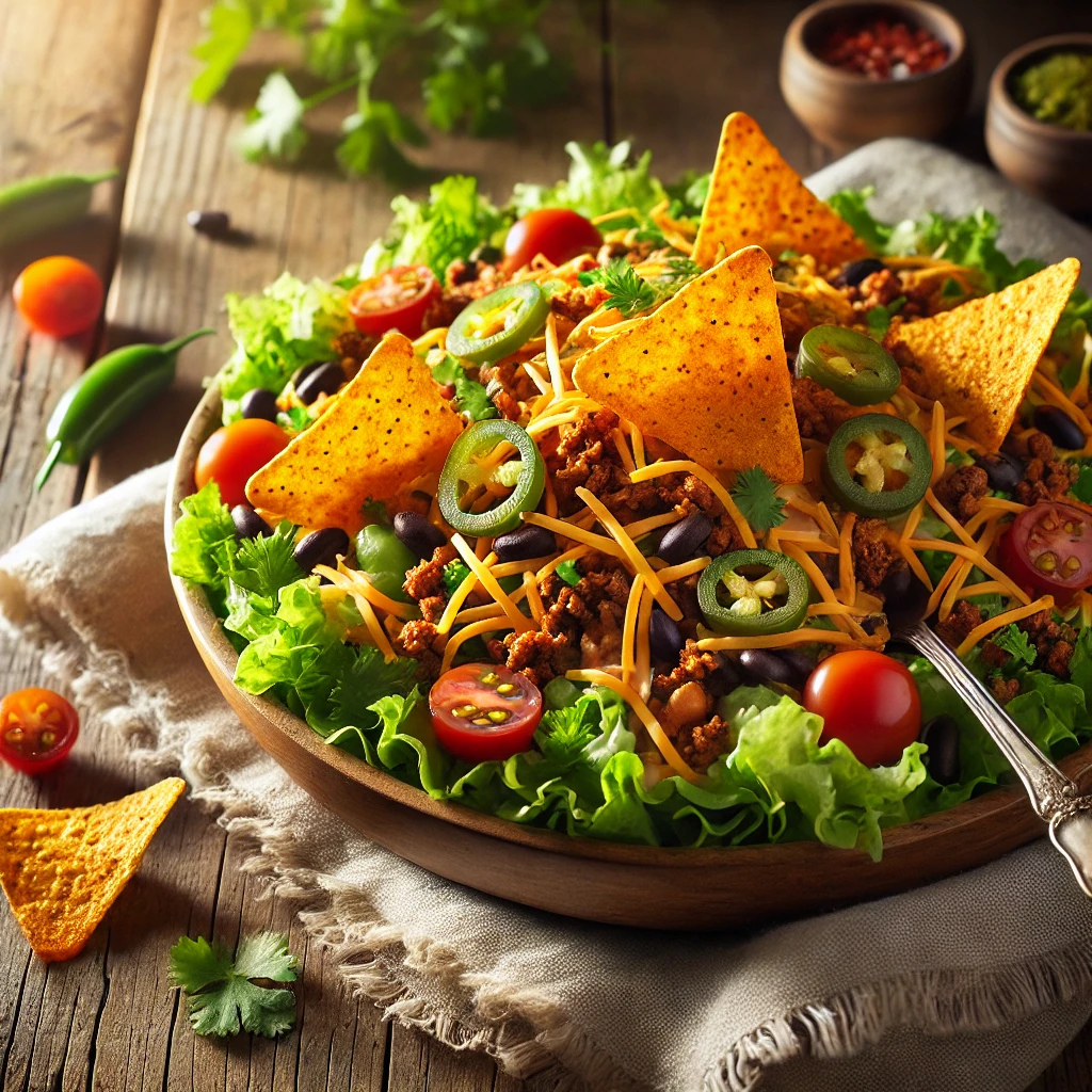 A bowl of Dorito taco salad with crisp lettuce, seasoned ground beef, cherry tomatoes, black beans, shredded cheddar cheese, and crunchy Nacho Cheese Doritos on a rustic wooden table. Garnished with sliced jalapeños and fresh cilantro, with a serving spoon lifting a portion to showcase the vibrant ingredients. A cozy napkin and wooden plate enhance the warm, inviting atmosphere.