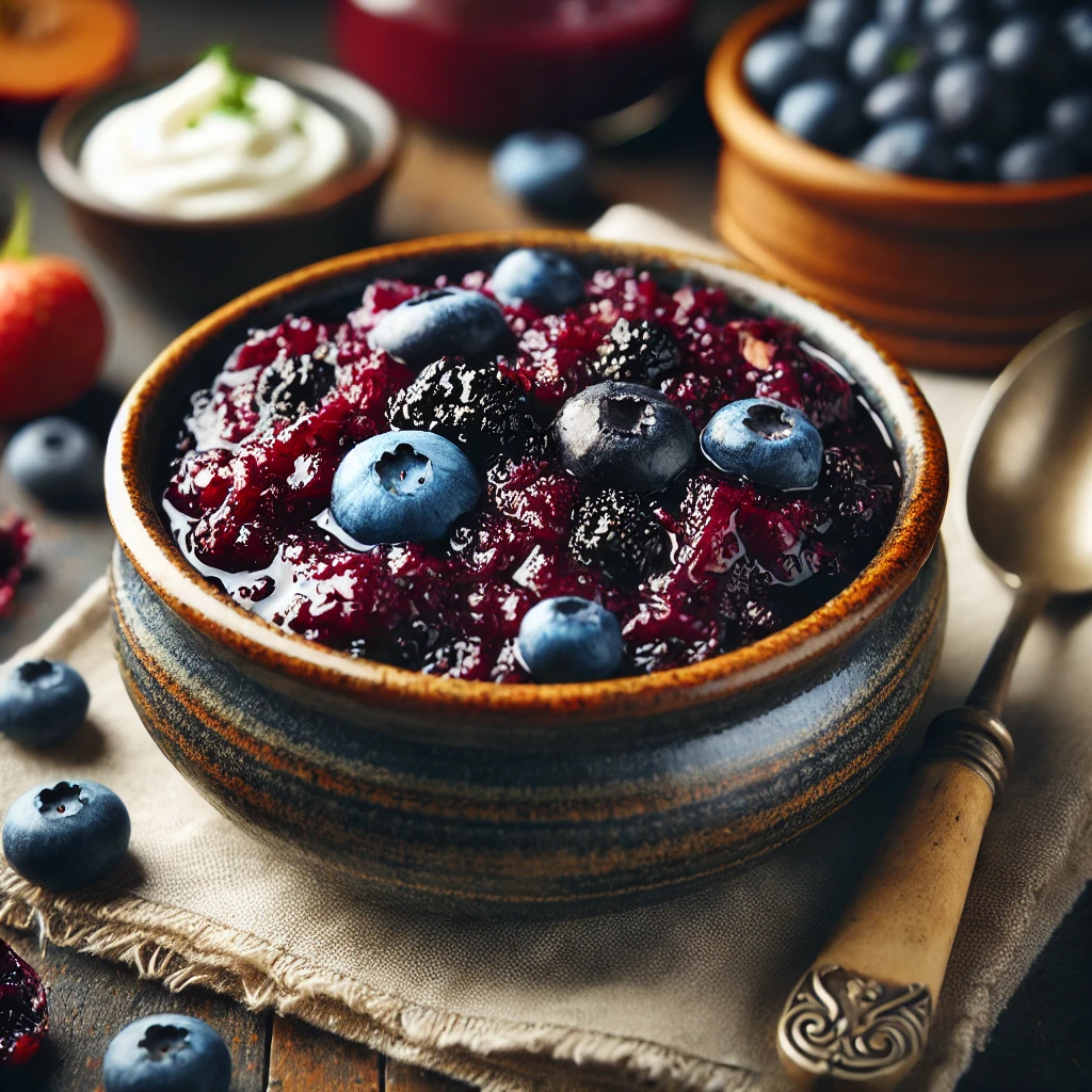 A vibrant bowl of Double Blueberry Chutney, rich and glossy with deep purple hues. The chutney is thick with whole fresh and dried blueberries, tender apple pieces, and a hint of curry spices. It is served in a rustic ceramic bowl on a wooden table, accompanied by a spoon, a small dish of cream cheese, fresh fruit, and a linen napkin. Warm, natural lighting enhances the inviting textures and colors.
