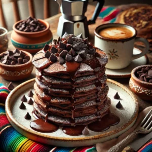 A decadent and cozy breakfast scene featuring Double Chocolate Chip Pancakes stacked high on a rustic plate. The rich, chocolatey pancakes are topped with melted chocolate chips, a drizzle of chocolate syrup, and a dusting of powdered sugar. The setup includes a colorful Mexican-style tablecloth, a small dish of chocolate chips, a cup of coffee, and a fork, illuminated by bright natural light to enhance the indulgent and inviting appeal.