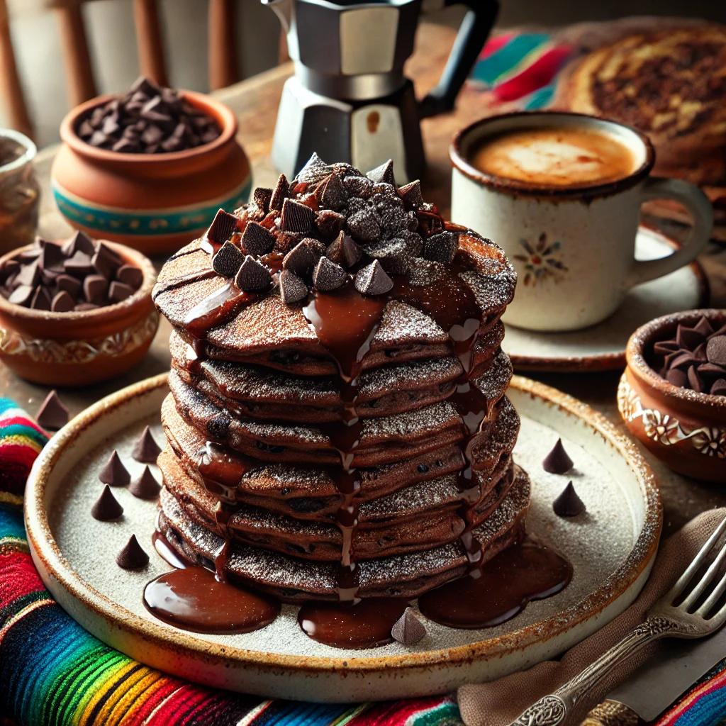 A decadent and cozy breakfast scene featuring Double Chocolate Chip Pancakes stacked high on a rustic plate. The rich, chocolatey pancakes are topped with melted chocolate chips, a drizzle of chocolate syrup, and a dusting of powdered sugar. The setup includes a colorful Mexican-style tablecloth, a small dish of chocolate chips, a cup of coffee, and a fork, illuminated by bright natural light to enhance the indulgent and inviting appeal.