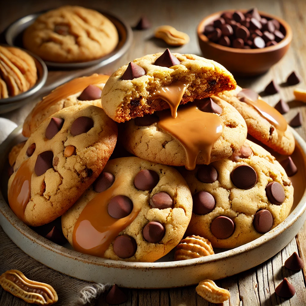 A plate of double peanut butter and milk chocolate chip cookies on a rustic wooden table, featuring golden brown cookies with a soft, chewy texture, packed with creamy peanut butter flavor and studded with melted milk chocolate chips. Some cookies are drizzled with extra peanut butter, while others are broken open to reveal their gooey, chocolate-filled interior. Scattered chocolate chips and crushed peanuts add to the homemade charm. Soft natural lighting enhances the warm, inviting tones.