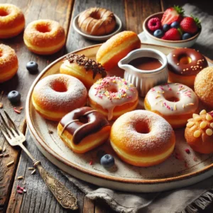 A beautifully plated batch of Doughnuts served on a rustic wooden table. The doughnuts are golden-brown, fluffy, and coated with a light dusting of powdered sugar. Some are glazed with a shiny vanilla or chocolate glaze, while others are topped with sprinkles. Arranged on a white ceramic plate with a side of fresh berries and a small dish of dipping chocolate. The warm wooden table is more visible, providing a cozy and inviting setting.