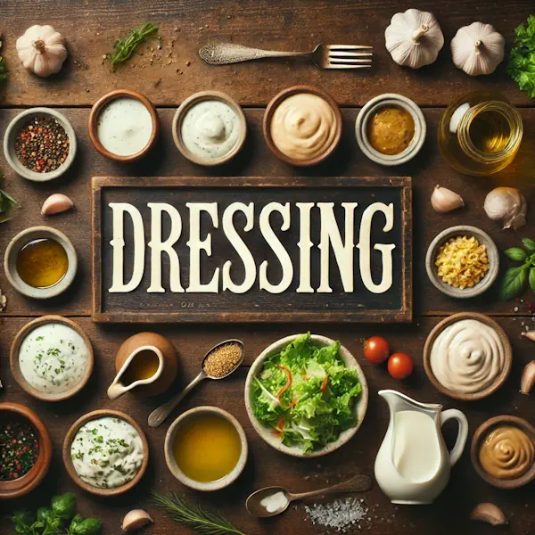 A rustic flat lay of salad dressings on a dark wooden table, including jars and bowls of vinaigrette, creamy ranch, honey mustard, and yogurt-based dressings. Ingredients like olive oil, vinegar, mustard, garlic, and herbs are arranged nearby. At the top, the word 'DRESSING' is displayed in large cream-colored serif letters, centered above the items.