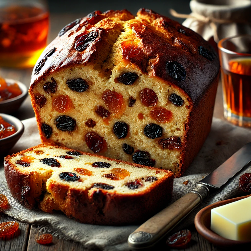 A freshly baked Dried Fruit Rum Bread with a golden, slightly crisp crust and a soft, moist interior filled with plump dried fruits soaked in rum. A few slices are cut, revealing the flavorful mix-ins. The bread is served on a rustic wooden table, accompanied by a small dish of butter, a linen napkin, and a glass of rum. Warm, natural lighting enhances the inviting textures and deep, comforting tones.