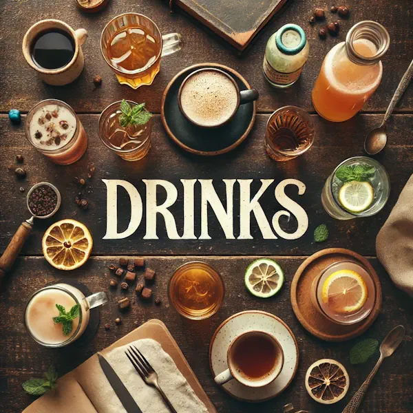 A rustic flat lay of drinks on a dark wooden table, including a cup of coffee, a glass of iced tea with lemon, a fruit smoothie, and infused water. Garnishes like mint and citrus are visible. At the top, the word 'DRINKS' appears in large cream-colored serif letters, centered and clearly positioned above the beverages.