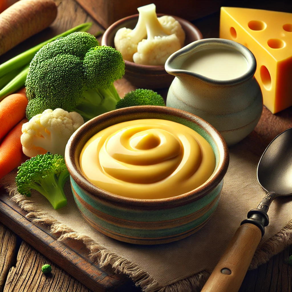 A small rustic ceramic bowl of smooth, golden yellow cheese sauce sits on a wooden table. The sauce is glossy and creamy, surrounded by fresh steamed vegetables, including broccoli, carrots, and cauliflower. A small spoon is placed beside the bowl, along with a block of Velveeta cheese and a splash of milk in a cup. Soft natural light highlights the rich texture of the sauce and the vibrant vegetables, creating a warm and inviting presentation.