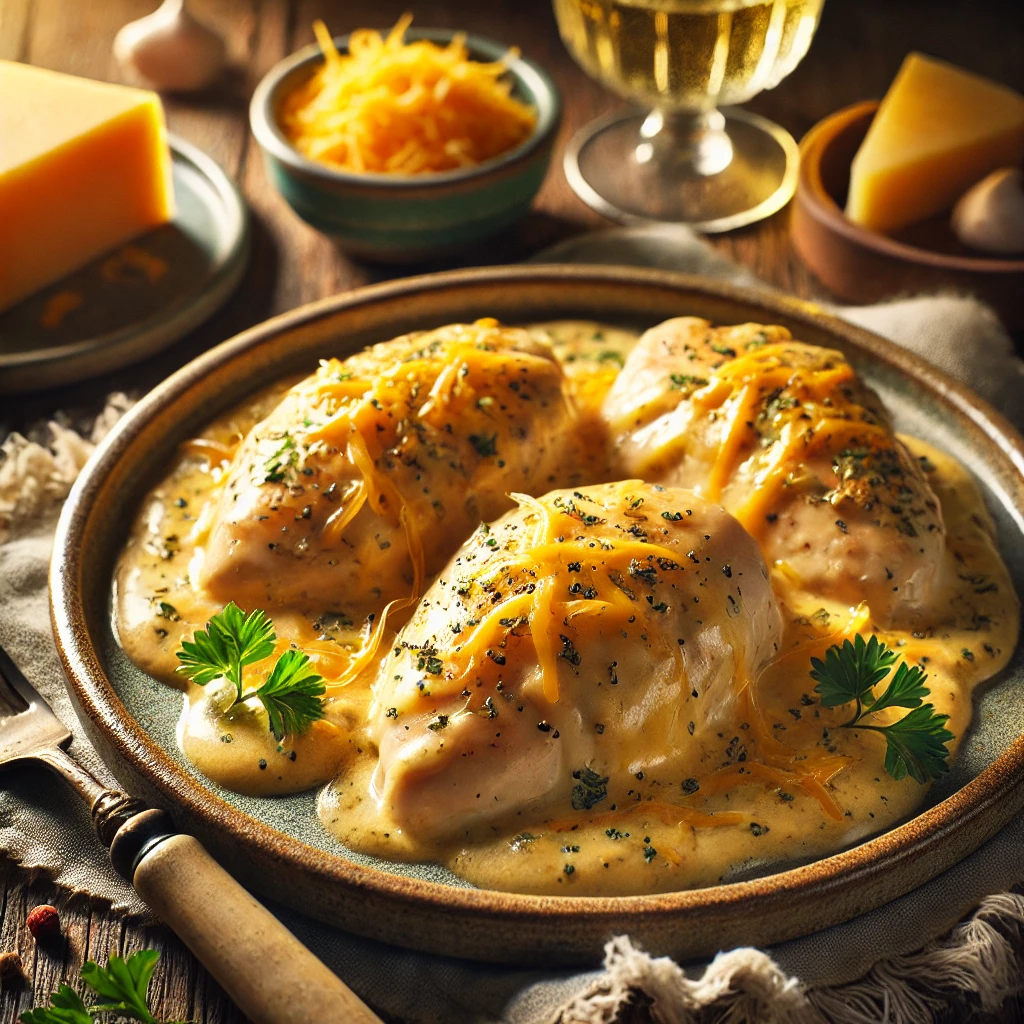 Easy Cheesy Slow Cooked Chicken on a rustic ceramic plate, featuring tender chicken breasts smothered in a rich, creamy cheese sauce with garlic and herbs. Garnished with parsley and shredded cheddar, set on a wooden table with a bowl of extra cheese and a glass of white wine in the softly blurred background.