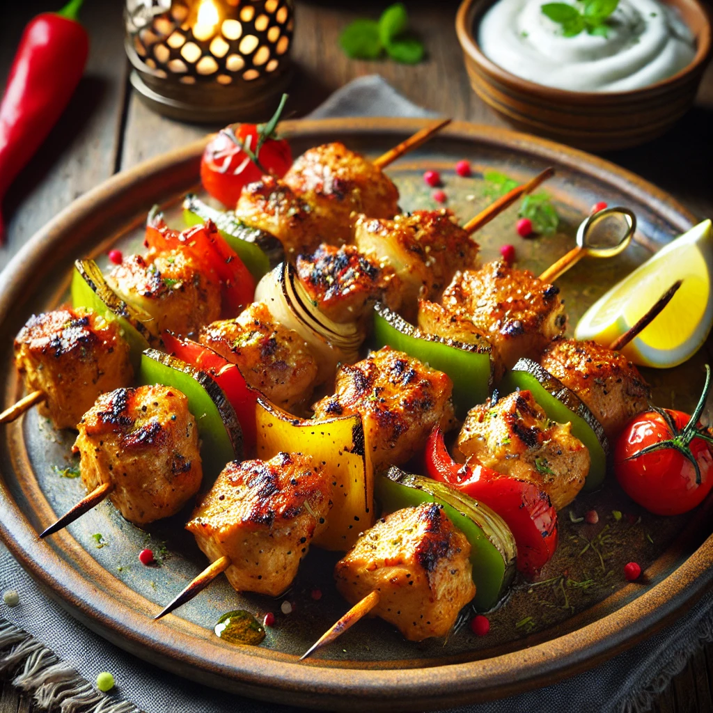 A beautifully plated dish of Easy Chicken Kebabs, featuring juicy, grilled chicken pieces marinated in aromatic spices and skewered with colorful bell peppers and onions. The kebabs have a golden-brown, slightly charred exterior and are garnished with fresh herbs. Served on a rustic ceramic plate, accompanied by a side of yogurt dipping sauce and lemon wedges. The plate rests on a wooden table, with soft, warm lighting enhancing the inviting and flavorful presentation.