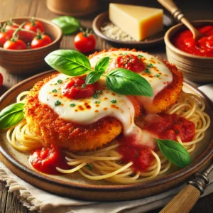 A realistic and inviting presentation of Easy Chicken Parmesan, showcasing golden breaded chicken cutlets topped with melted mozzarella cheese and marinara sauce, garnished with fresh basil leaves. The dish is served on a rustic ceramic plate with a side of spaghetti and extra marinara sauce, complemented by a warm wooden table and soft natural lighting to highlight its comforting and flavorful appeal.
