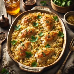 An easy chicken and rice bake served in a rustic ceramic dish, featuring tender chicken breasts on a bed of fluffy golden rice cooked with broth and herbs. Garnished with fresh parsley and a sprinkle of pepper, the dish is placed on a rustic wooden table with a serving spoon, a side salad, and a glass of iced tea nearby. Soft natural light enhances the golden tones and comforting textures, creating a cozy and inviting atmosphere.