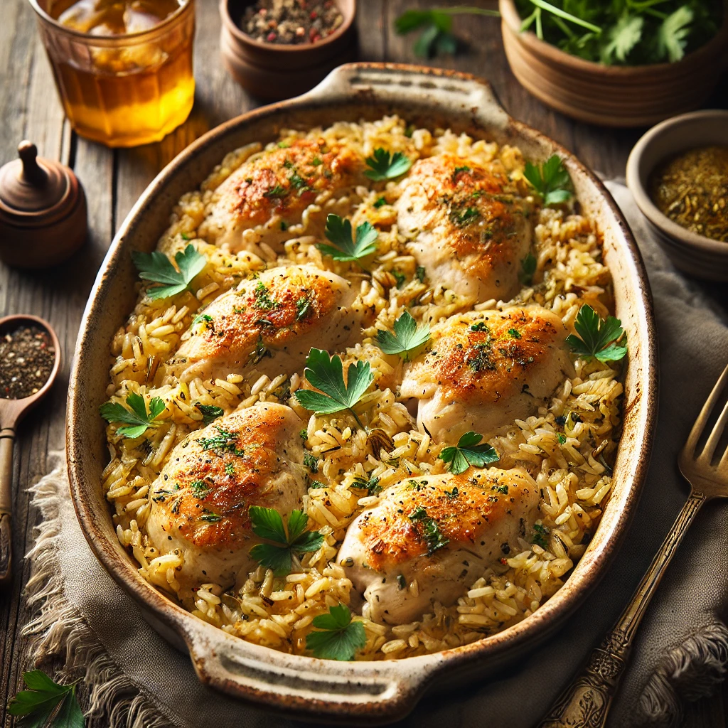 An easy chicken and rice bake served in a rustic ceramic dish, featuring tender chicken breasts on a bed of fluffy golden rice cooked with broth and herbs. Garnished with fresh parsley and a sprinkle of pepper, the dish is placed on a rustic wooden table with a serving spoon, a side salad, and a glass of iced tea nearby. Soft natural light enhances the golden tones and comforting textures, creating a cozy and inviting atmosphere.