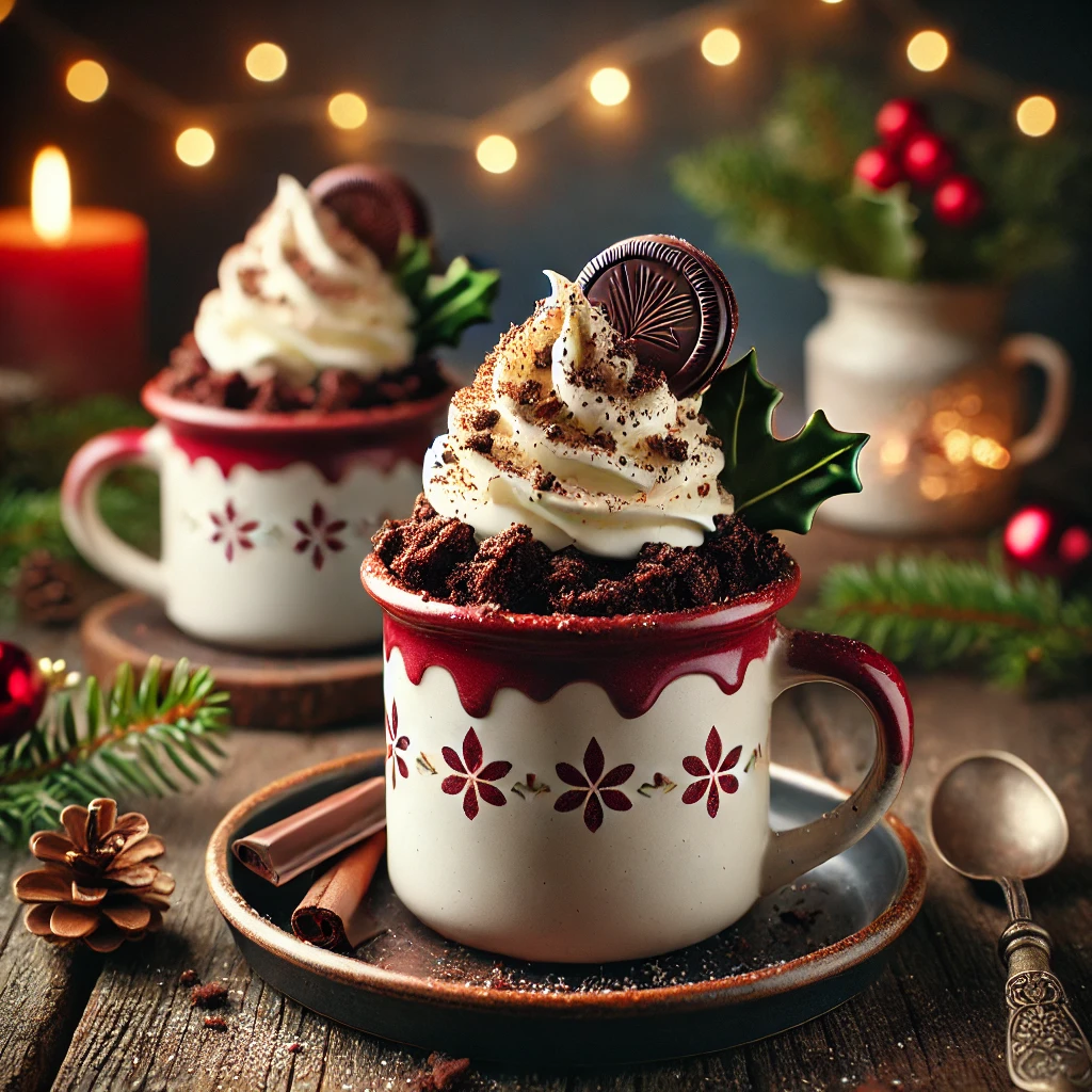 A festive Christmas dessert of Simple Christmas Chocolate Pots, served in decorative mugs. The dessert consists of crumbled chocolate cake soaked in cherry brandy, topped with a swirl of whipped cream and finished with a chocolate garnish. The mugs sit on a rustic wooden table, surrounded by pinecones, holly leaves, and warm fairy lights, creating a cozy holiday atmosphere.