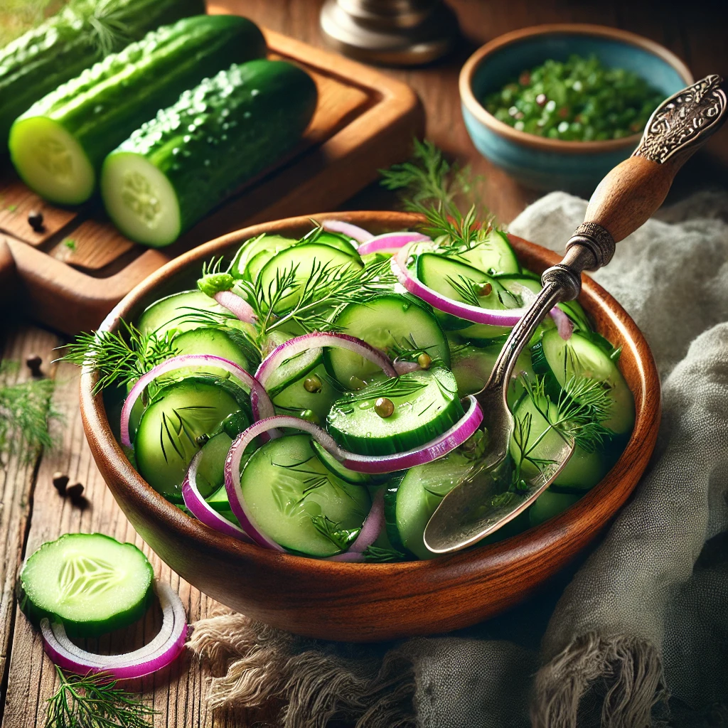 A bowl of easy cucumber salad with thinly sliced cucumbers, red onion, fresh dill, and a light vinegar dressing on a rustic wooden table. A serving spoon lifts a portion to showcase the delicate textures. A cozy napkin and wooden plate enhance the fresh, inviting atmosphere.
