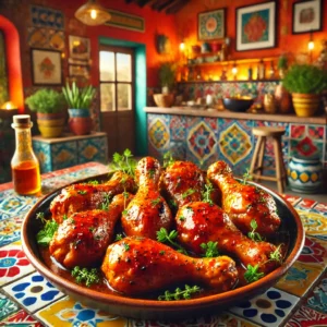 Spicy, glazed chicken drumsticks with fresh herb garnish, served in a colorful Mexican-style setting.