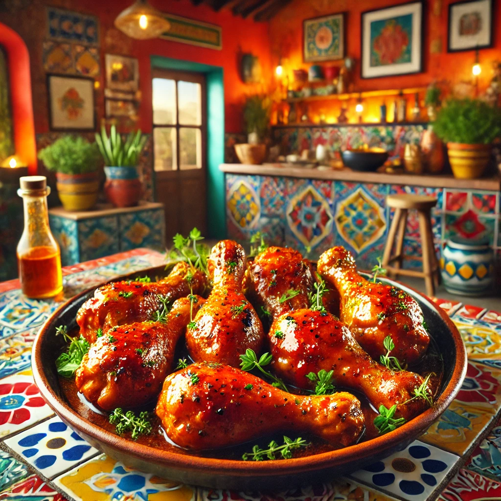 Spicy, glazed chicken drumsticks with fresh herb garnish, served in a colorful Mexican-style setting.