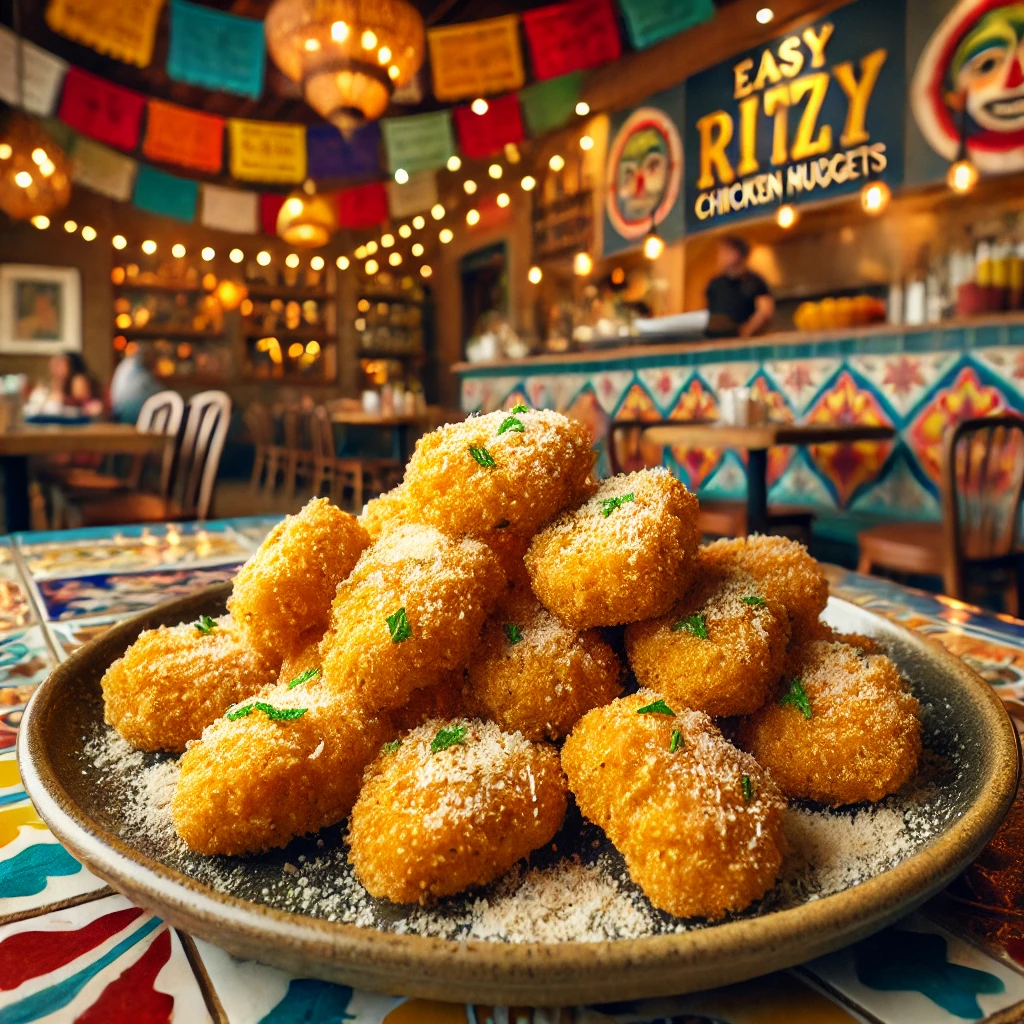 Crispy chicken nuggets with Ritz cracker and Parmesan crust, served in a vibrant Mexican-style setting.