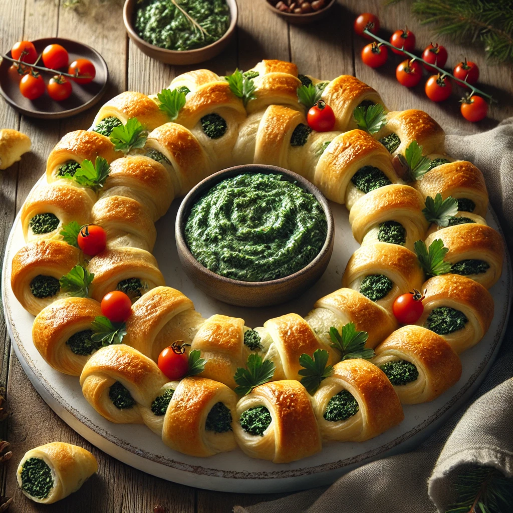 A rustic presentation of an easy spinach dip wreath, elegantly arranged on a wooden table. The wreath is made of golden, flaky crescent rolls baked into a ring and filled with creamy spinach dip. Fresh parsley and cherry tomatoes garnish the wreath for a festive touch. A small bowl of extra spinach dip sits in the center for dipping. Scattered around are holiday-themed decorations like pinecones and cranberries. Soft natural lighting enhances the warm and inviting feel, with gentle shadows and a hint of rustic holiday charm in the background.