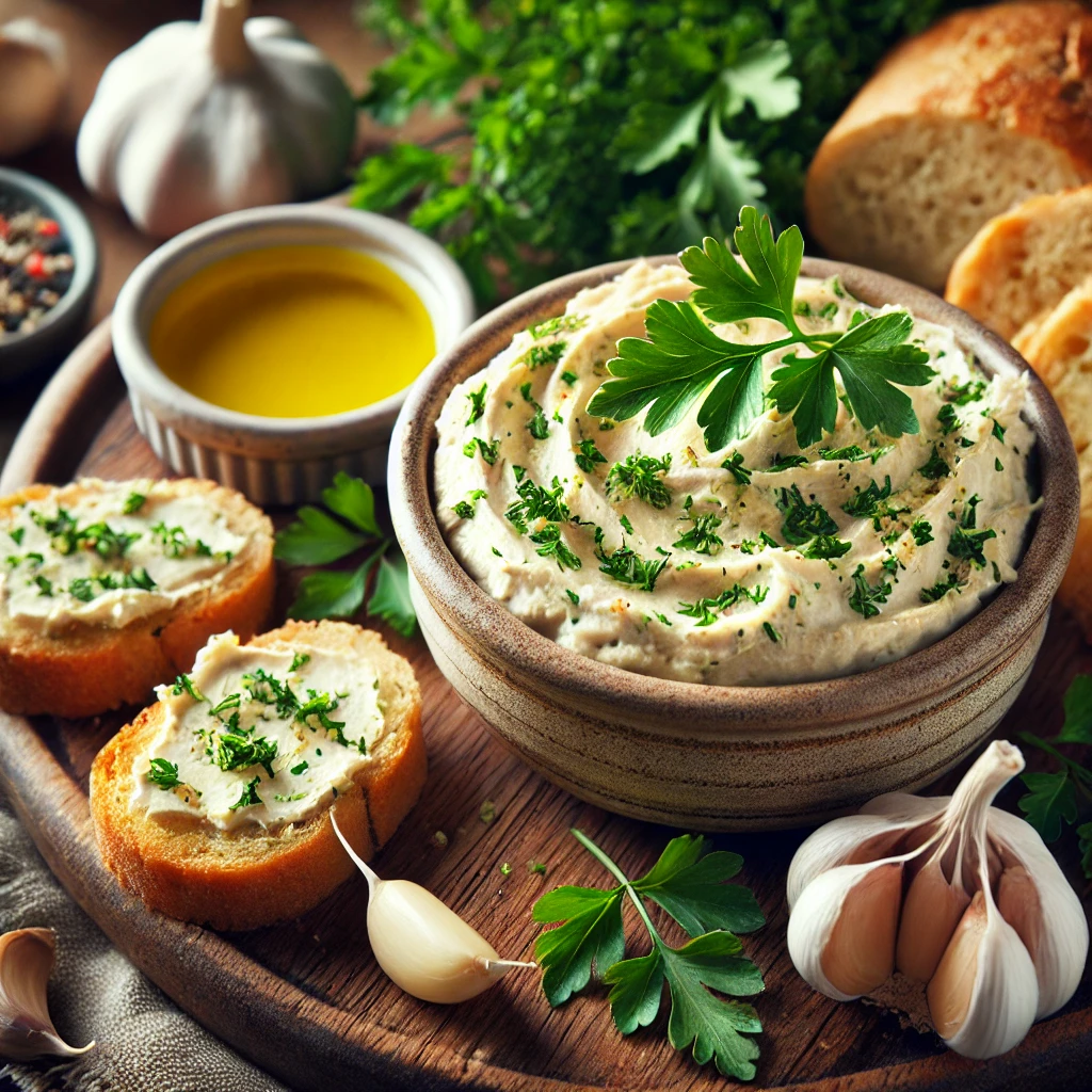 Easy vegan garlic bread spread in a ceramic bowl, made with plant-based butter, roasted garlic, parsley, and nutritional yeast, served on a wooden board with crusty bread and fresh parsley in a cozy setting.