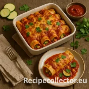 A rustic baking dish filled with golden enchiladas stuffed with zucchini and cheese, smothered in tomato sauce and melted cheese, served with one plated enchilada on the side, garnished with cilantro on a wooden table.