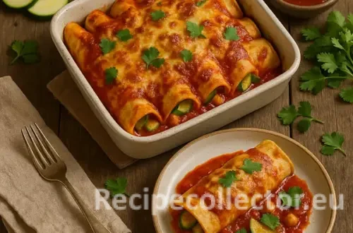 A rustic baking dish filled with golden enchiladas stuffed with zucchini and cheese, smothered in tomato sauce and melted cheese, served with one plated enchilada on the side, garnished with cilantro on a wooden table.