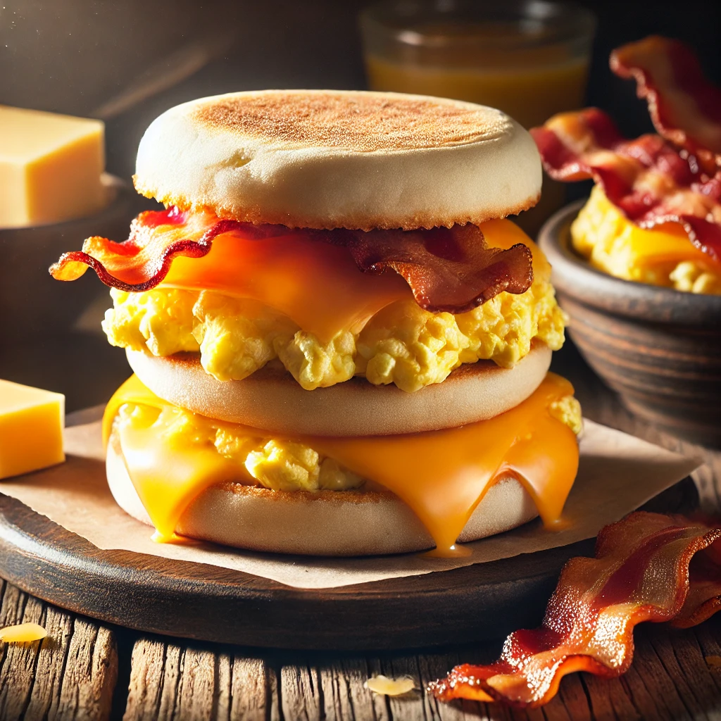 A beautifully plated Egg Muffin Sandwich, featuring a toasted English muffin filled with fluffy scrambled eggs, crispy bacon, and melted American cheese. The sandwich is stacked neatly, with gooey cheese oozing slightly over the edges. A side of extra bacon strips and a small dish of butter sit nearby on a rustic wooden table. Soft, warm lighting enhances the inviting and cozy breakfast presentation.
