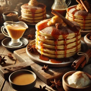 A rustic presentation of eggnog pancakes with maple-butter-rum drizzle, elegantly arranged on a wooden table. The pancakes are golden brown, stacked high, and infused with the rich, spiced flavors of eggnog. A decadent maple-butter-rum drizzle cascades down the sides, with a dusting of powdered sugar for extra sweetness. A few pancakes are plated individually, while others rest on a wooden cutting board. Scattered around are cinnamon sticks, nutmeg, a small dish of extra sauce, and fresh whipped cream. Soft natural lighting enhances the warm and festive feel, with gentle shadows and a hint of rustic holiday charm in the background.