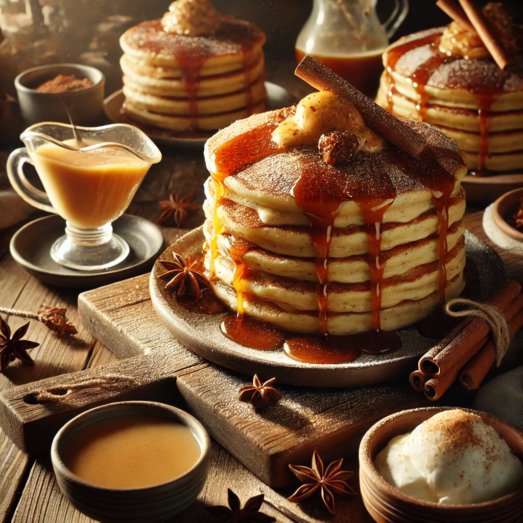 A rustic presentation of eggnog pancakes with maple-butter-rum drizzle, elegantly arranged on a wooden table. The pancakes are golden brown, stacked high, and infused with the rich, spiced flavors of eggnog. A decadent maple-butter-rum drizzle cascades down the sides, with a dusting of powdered sugar for extra sweetness. A few pancakes are plated individually, while others rest on a wooden cutting board. Scattered around are cinnamon sticks, nutmeg, a small dish of extra sauce, and fresh whipped cream. Soft natural lighting enhances the warm and festive feel, with gentle shadows and a hint of rustic holiday charm in the background.