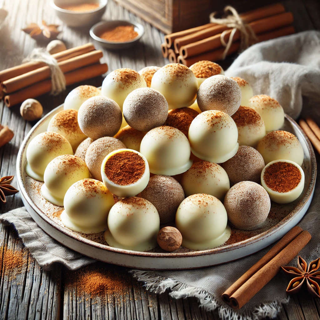 A plate of eggnog truffles coated in white chocolate, dusted with nutmeg and cinnamon, on a rustic wooden table with cinnamon sticks and whole nutmeg scattered around. The setting has soft, natural lighting and a cozy holiday touch.