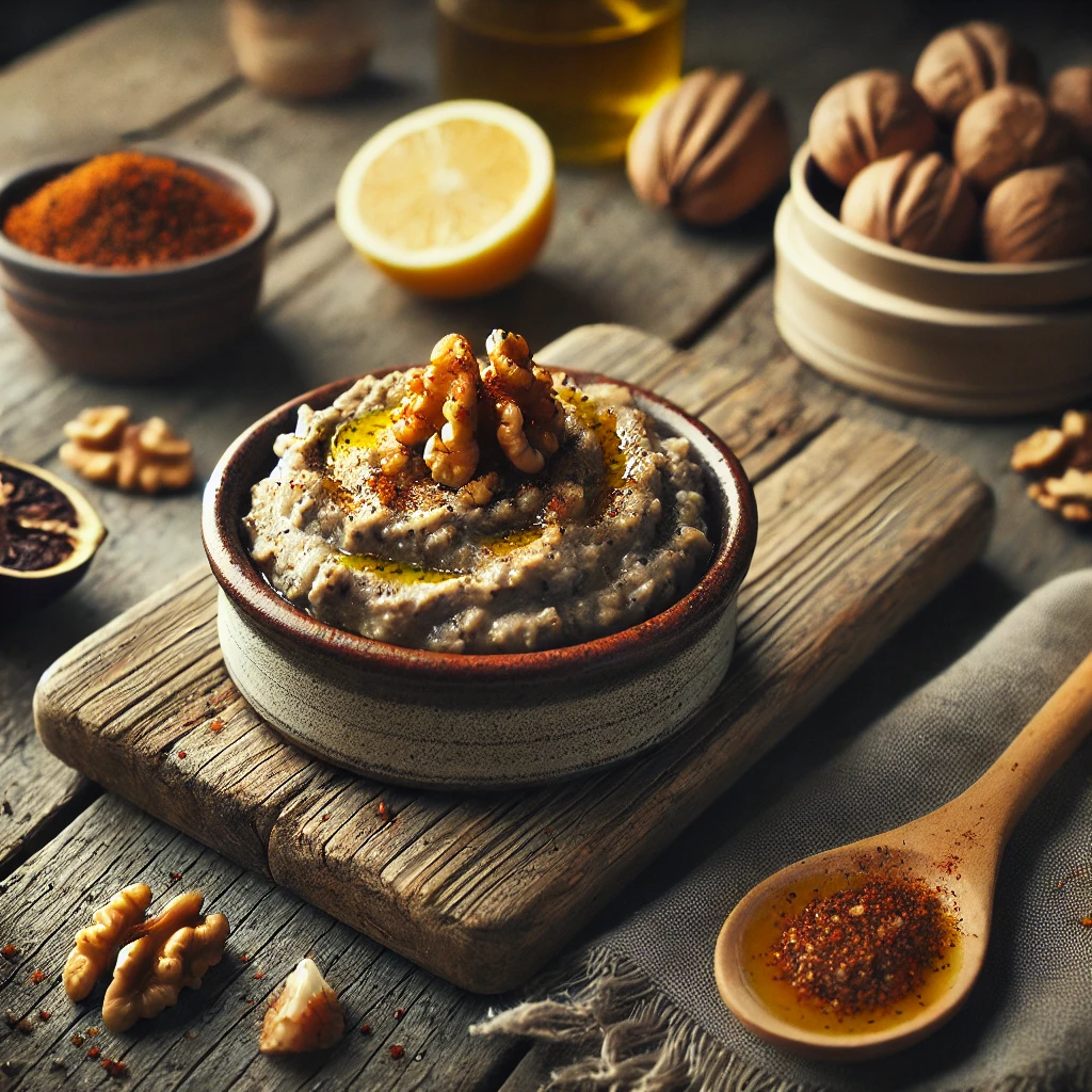 Eggplant Caviar served in a rustic artisan bowl, featuring a creamy mashed eggplant mixture topped with finely chopped toasted walnuts, drizzled with olive oil, and sprinkled with cayenne pepper. The dish is styled on a weathered wooden table with fresh lemon wedges, a wooden spoon, and a small bowl of toasted walnuts, illuminated by soft natural light for a cozy and inviting presentation.