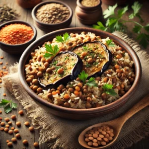 A hearty eggplant, lentil, and rice pilaf in a rustic ceramic bowl on a wooden table, garnished with fresh parsley and toasted nuts. A wooden spoon rests nearby, with raw lentils, rice grains, and fresh herbs scattered around for a cozy, home-cooked feel. Soft natural lighting highlights the textures and colors.