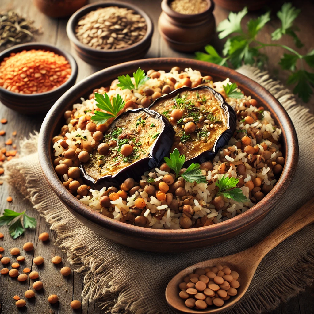 A hearty eggplant, lentil, and rice pilaf in a rustic ceramic bowl on a wooden table, garnished with fresh parsley and toasted nuts. A wooden spoon rests nearby, with raw lentils, rice grains, and fresh herbs scattered around for a cozy, home-cooked feel. Soft natural lighting highlights the textures and colors.