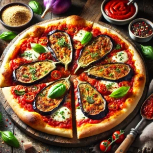 A rustic Eggplant Marinara Pizza with crispy crust, marinara sauce, roasted eggplant, vegan mozzarella, and fresh basil, garnished with red pepper flakes and vegan Parmesan, sliced on a wooden pizza board with basil and marinara sauce in the background.