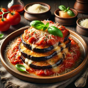 A beautifully plated Eggplant Parmesan dish with golden-brown, breaded eggplant slices layered with rich tomato sauce and melted parmesan cheese, garnished with fresh basil. The dish sits on a rustic ceramic plate on a wooden table, with a small bowl of grated parmesan and a jar of tomato sauce in the background.