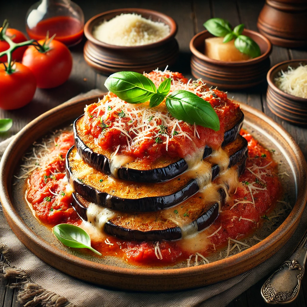 A beautifully plated Eggplant Parmesan dish with golden-brown, breaded eggplant slices layered with rich tomato sauce and melted parmesan cheese, garnished with fresh basil. The dish sits on a rustic ceramic plate on a wooden table, with a small bowl of grated parmesan and a jar of tomato sauce in the background.