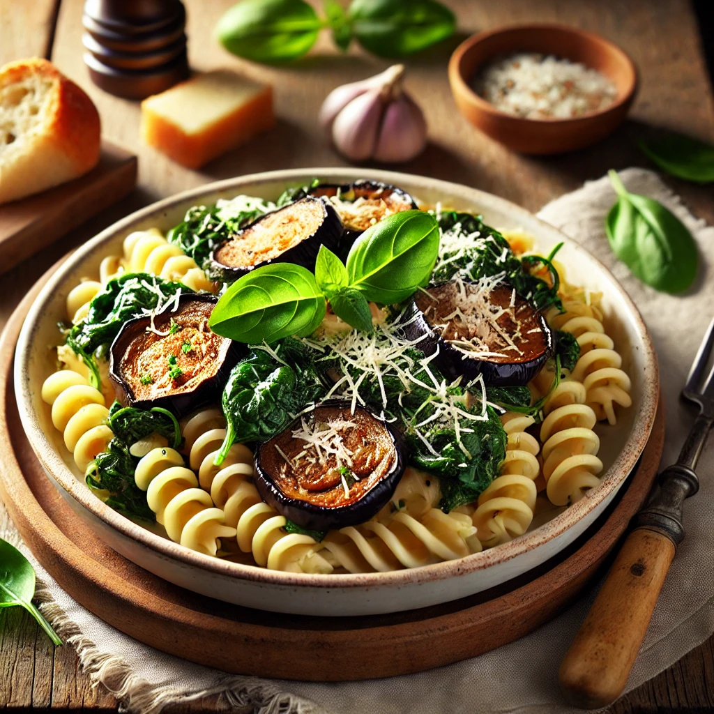A beautifully plated dish of Eggplant and Spinach Over Spiral Noodles served on a rustic wooden table. The dish features tender roasted eggplant cubes and wilted spinach tossed with al dente spiral pasta, coated in a light garlic-infused tomato sauce. Garnished with freshly grated Parmesan cheese and chopped basil. Served in a white ceramic bowl, with a side of crusty bread. The warm wooden table and softly blurred background enhance the inviting Mediterranean-inspired presentation.