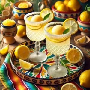 Lemon and elderflower fizz cocktails served in elegant glasses with sugared rims, each topped with lemon zest strips and a scoop of lemon sorbet. The drinks have a light, fizzy, golden color and are arranged on a vibrant Mexican-style ceramic tray, surrounded by colorful textiles, fresh lemons, and small pottery accents. Bright natural lighting highlights the fizz and festive presentation, creating a refreshing and cheerful scene.