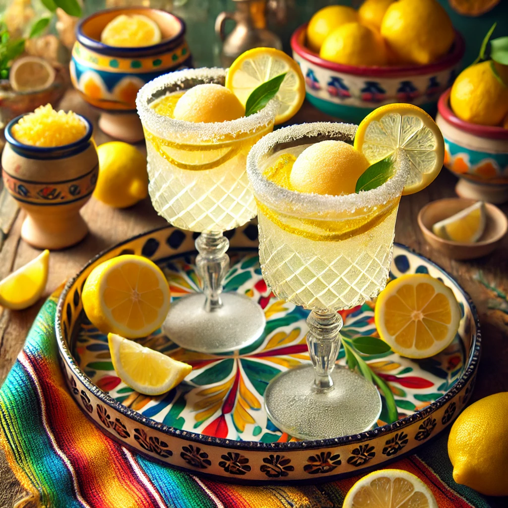 Lemon and elderflower fizz cocktails served in elegant glasses with sugared rims, each topped with lemon zest strips and a scoop of lemon sorbet. The drinks have a light, fizzy, golden color and are arranged on a vibrant Mexican-style ceramic tray, surrounded by colorful textiles, fresh lemons, and small pottery accents. Bright natural lighting highlights the fizz and festive presentation, creating a refreshing and cheerful scene.