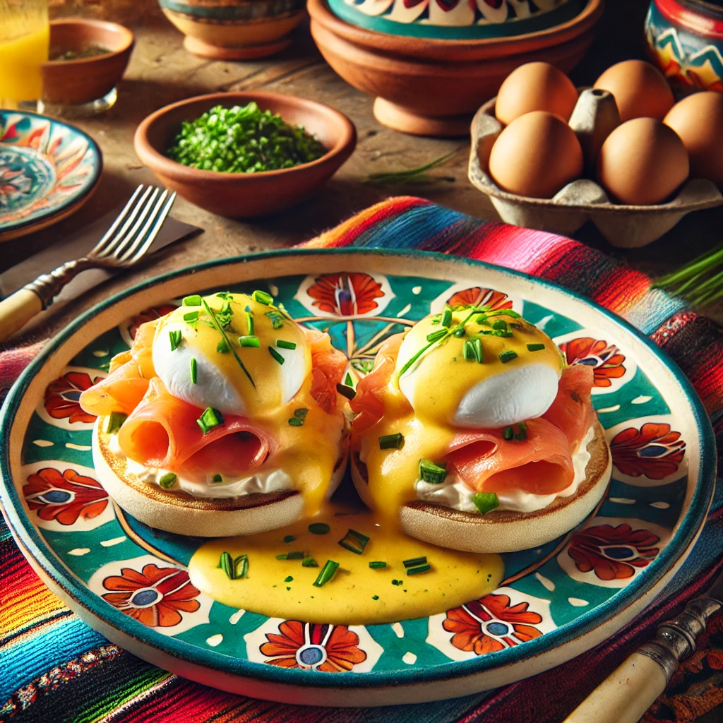 Eggs Benedict with perfectly poached eggs, creamy Hollandaise sauce, and smoked salmon on toasted English muffins, garnished with fresh chives. The dish is served on a colorful Mexican-style ceramic plate, surrounded by vibrant textiles and pottery. Warm natural lighting highlights the textures of the Hollandaise and poached eggs, creating a cozy and inviting breakfast presentation.