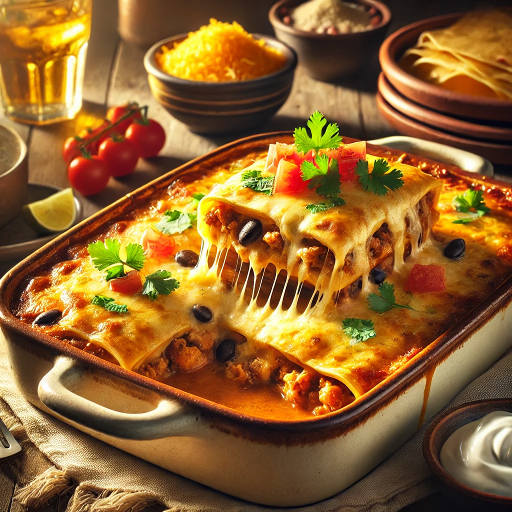 Enchilada Casserole in a rustic ceramic baking dish, featuring layers of corn tortillas, seasoned ground beef, enchilada sauce, melted cheese, and black beans. Garnished with cilantro and diced tomatoes, set on a wooden table with sour cream and a glass of iced tea in the softly blurred background.