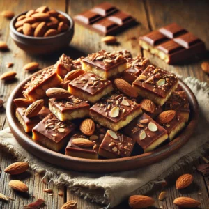 A plate of classic English toffee with a golden-brown, crisp texture, coated in smooth chocolate and topped with finely chopped toasted almonds on a rustic wooden table. Some pieces are broken apart to reveal the crunchy layers, with whole almonds and chocolate shavings scattered around. A cozy napkin and wooden plate enhance the warm, inviting atmosphere.