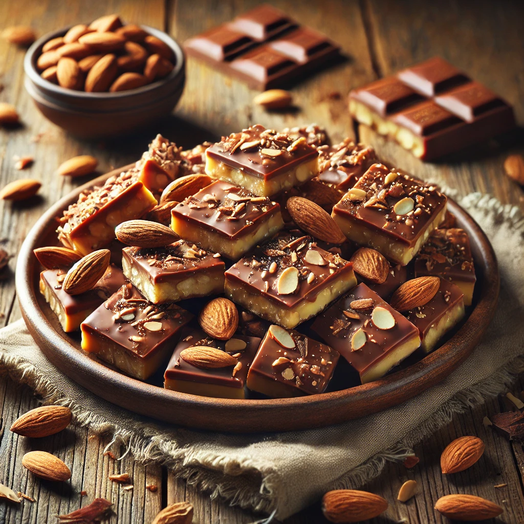 A plate of classic English toffee with a golden-brown, crisp texture, coated in smooth chocolate and topped with finely chopped toasted almonds on a rustic wooden table. Some pieces are broken apart to reveal the crunchy layers, with whole almonds and chocolate shavings scattered around. A cozy napkin and wooden plate enhance the warm, inviting atmosphere.