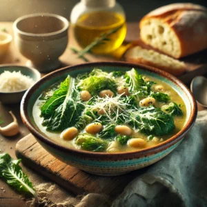 A steaming bowl of Escarole and Cannellini Italian Soup in a rustic ceramic bowl, with tender escarole, creamy white beans, and golden broth. Garnished with Parmesan and olive oil, set on a wooden table with crusty bread and Parmesan in the softly blurred background.