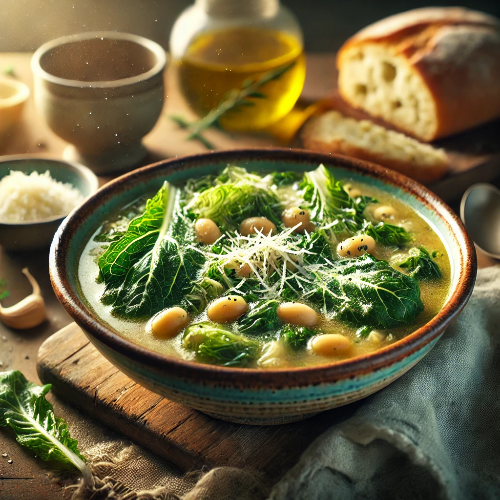 A steaming bowl of Escarole and Cannellini Italian Soup in a rustic ceramic bowl, with tender escarole, creamy white beans, and golden broth. Garnished with Parmesan and olive oil, set on a wooden table with crusty bread and Parmesan in the softly blurred background.