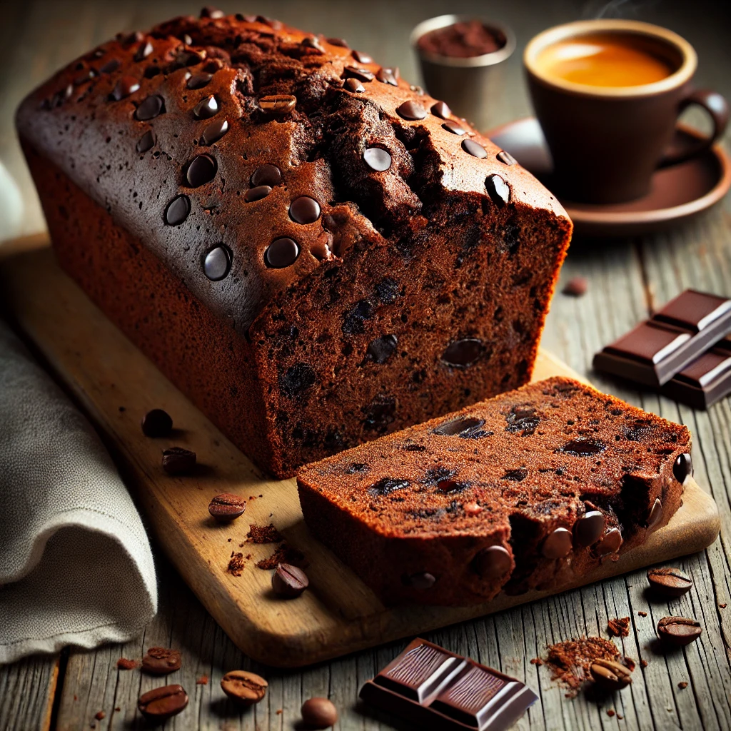 A freshly baked Espresso Chocolate Chip Quick Bread with a rich, dark brown color and a moist, dense texture. The loaf is infused with bold espresso and studded with melted chocolate chips. The top has a slightly cracked surface, revealing gooey chocolate and a sprinkle of coffee beans. It rests on a wooden cutting board atop a rustic wooden table, with a few slices cut to showcase the soft, coffee-infused crumb. A small cup of espresso, scattered chocolate chips, and a linen napkin complete the cozy presentation. Warm, natural lighting enhances the inviting, homemade feel.