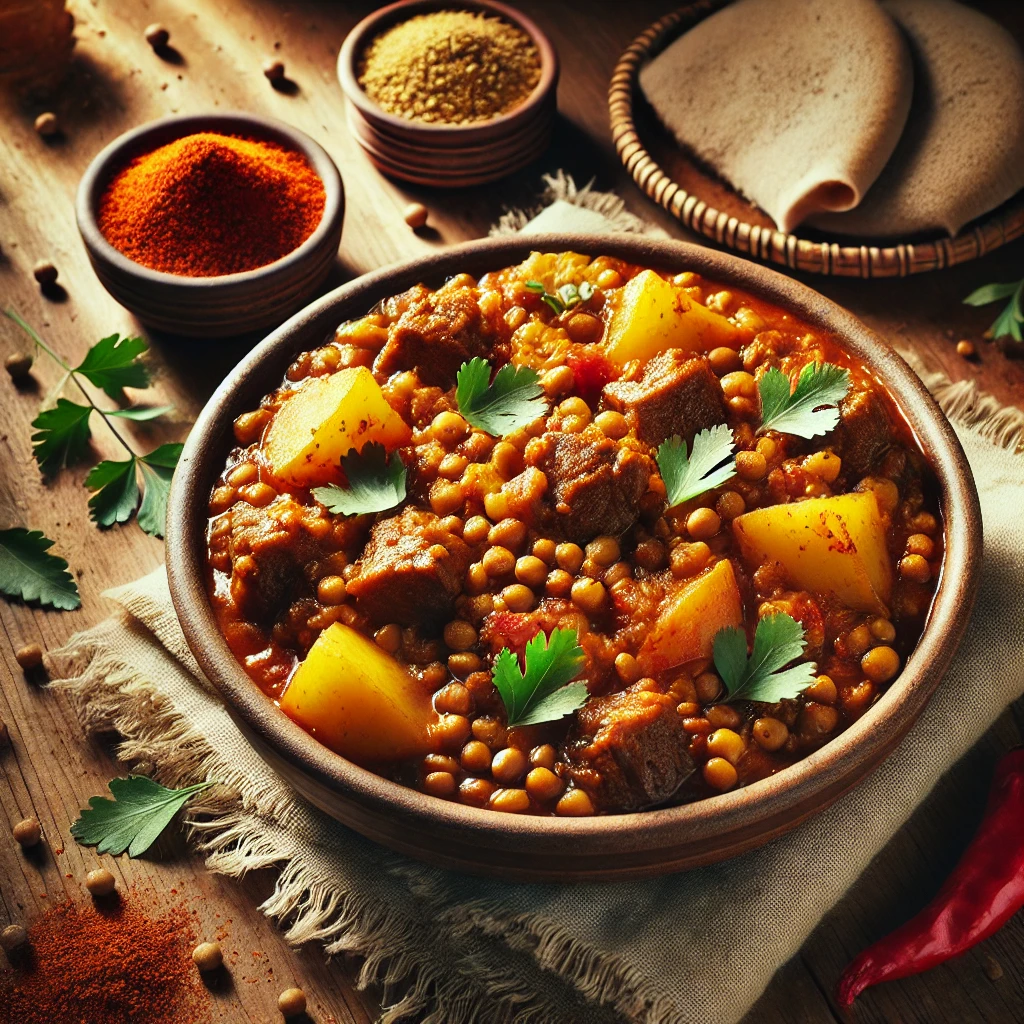 A bowl of Ethiopian Wat with seitan, potatoes, and lentils in a spiced berbere sauce, garnished with cilantro, served on a rustic wooden table with injera bread and spiced tea in the background.